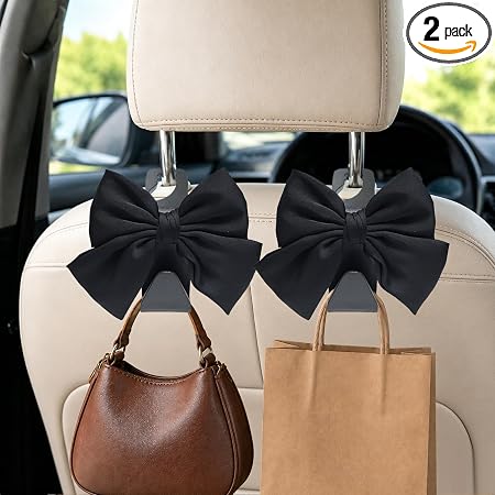 2-Pack Cute Bow Car Purse Hooks, Headrest Hangers, Black silk