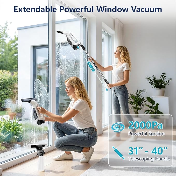 Window Vacuum Squeegee Cordless with Extendable Pole 31-40", 2000Pa Electric Window Cleaner with 2200mAh and 150ml Dirty Water Tank, Long Handle Shower Squeegee for Glass Door, Windows (White)
