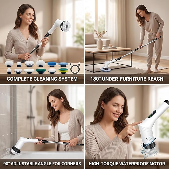 Spin Scrubber, 9-in-1 Multifunctional Electric Cleaning Brush with Detachable Handle, 9 Replaceable Brush Heads & LCD Display, Rechargeable for Bedroom, Bathroom, Kitchen, Car