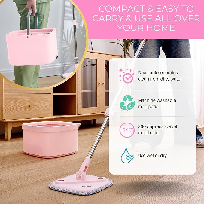 Limited Edition Heavy Duty Mop for Floor Cleaning Separates Clean from Dirty Water, Self Wringing 360° Rotating Square Mop-Head for Hardwood Tile Marble Floor, Rose