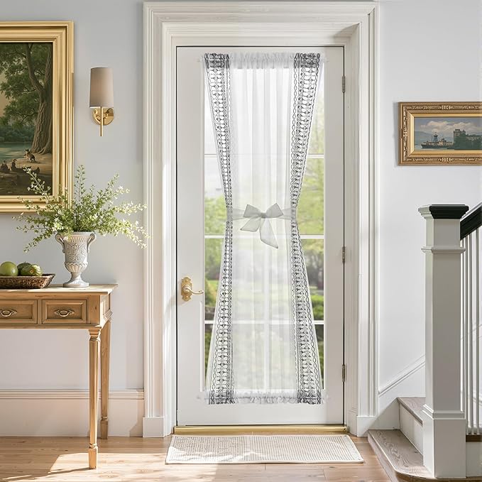 jinchan French Door Curtain Privacy Boho Embroidered Semi Sheer Voile Front Curtain for Window Doorway Closet, Door Panel with Tieback Rod Pocket 1 Panel (Grey on White, 55W x 72 L Inch)