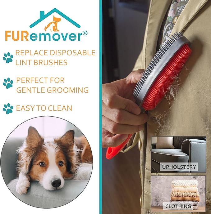 FURemover Duo Pet Hair Rubber Brush, Dual Sided to Easily Remove Fur and Lint from Clothing and Upholstery, Thick Bristles Groom Dogs and Cats, Easy to Clean, Colors May Vary