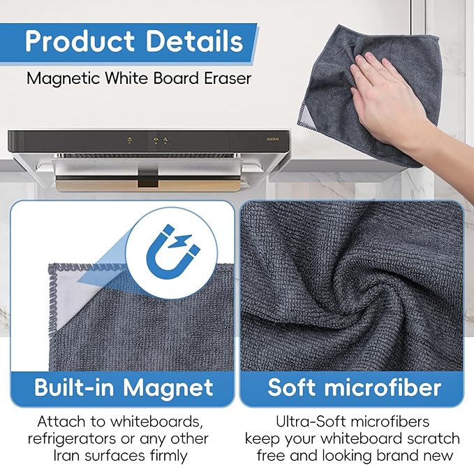 GoClimber 4 Pack Magnetic Microfiber Cleaning Cloth, Dry Erase Erasers Cleaner for Whiteboards, Blackboards, Chalkboards, Glassboards, Home, Office, School, Gray, 10'' x 9.25''