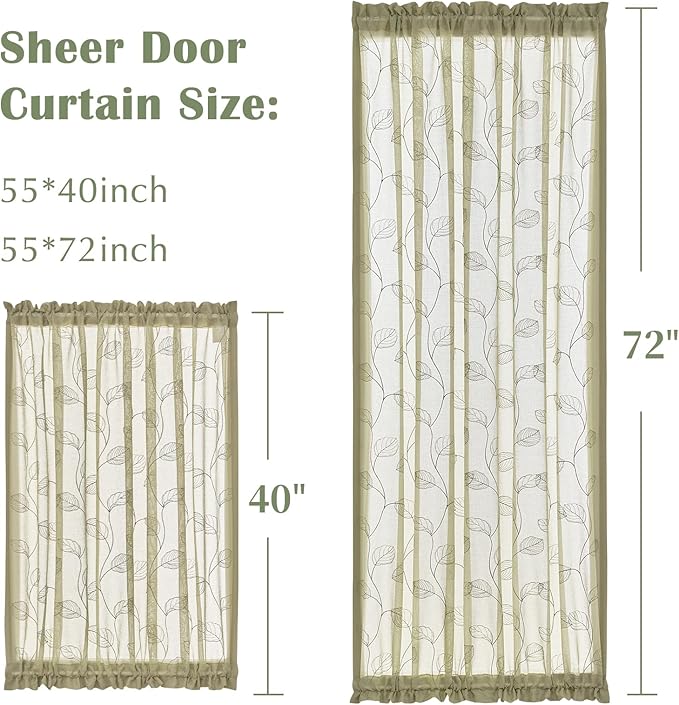 jinchan French Door Curtain Privacy Rustic Leaf Embroidered Semi Sheer Voile Front Curtain for Window Doorway Closet, Door Panel with Tieback Rod Pocket 1 Panel 55W x 40L Inch Sage Green