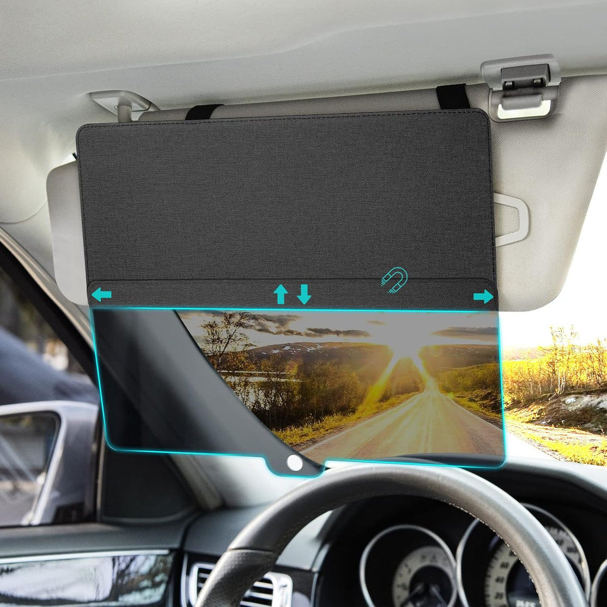 Sun Visor Extender for Car, Sun Blocker with PC Sunshade Lens, Magnetic Mounting Adjustable Position, Protect from Glare, UV Rays, Snow Blindness for Safe Driving, Universal for Car, SUV (Black)