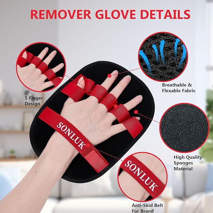 2PACK Pet Hair Removal Glove,Newly 5-Finger Electrostatic Pet Hair Glove for Dogs&Cats,Reusable Washable Magic Brush Pet Hair Remover for Laundry Cleaning,Furniture,Sofa,Carpets,Car Seat(Red)