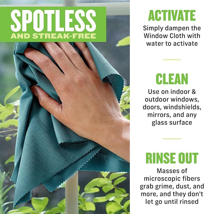 E-Cloth Microfiber Window Cleaning Cloth Kit - Glass Cleaning Cloth for Windows, Mirrors, Cars, Lenses, Eyeglasses, & More, Streak Free Clean, Machine Washable Reusable Towel - Green