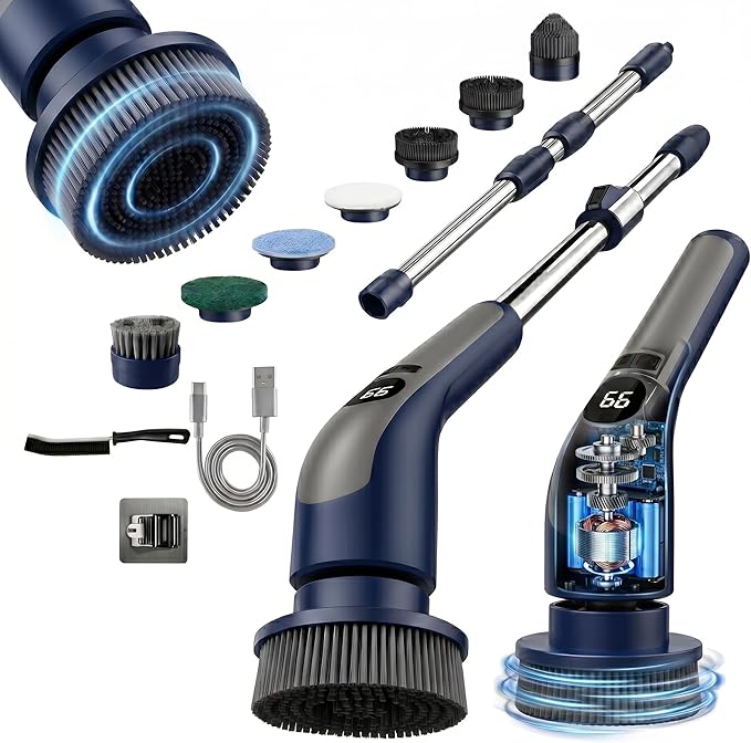 LIVINGPRO Electric Spin Scrubber for Bathroom Cleaning, Cordless Power Scrubber with 70W Dual Speed Motor, LCD Display, IPX7 Waterproof, Adjustable Handle, 7 Brush Heads for Tub Tile Shower Kitchen