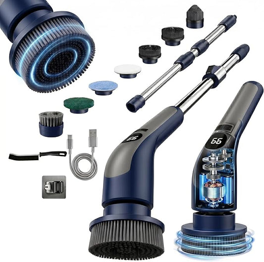 LIVINGPRO Electric Spin Scrubber for Bathroom Cleaning, Cordless Power Scrubber with 70W Dual Speed Motor, LCD Display, IPX7 Waterproof, Adjustable Handle, 7 Brush Heads for Tub Tile Shower Kitchen