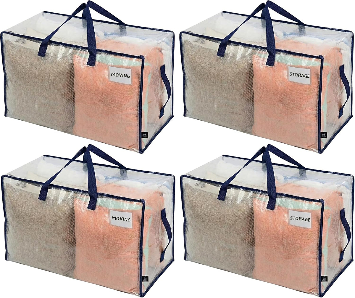 4 Pack Clear Extra Large Moving Bags & Storage Totes, Heavy Duty Organizer with Reinforced Handles & Strong Zippers for Clothes, College Dorm Essentials, Moving Supplies
