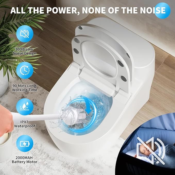 Electric Toilet Brush, Ultra Quiet & Powerful Scrubbing, IPX7 Waterproof Self-Cleaning Brush for Toilet/Bathtub/Grout, Cordless Spin Scrubber with 320RPM Turbo Power - White
