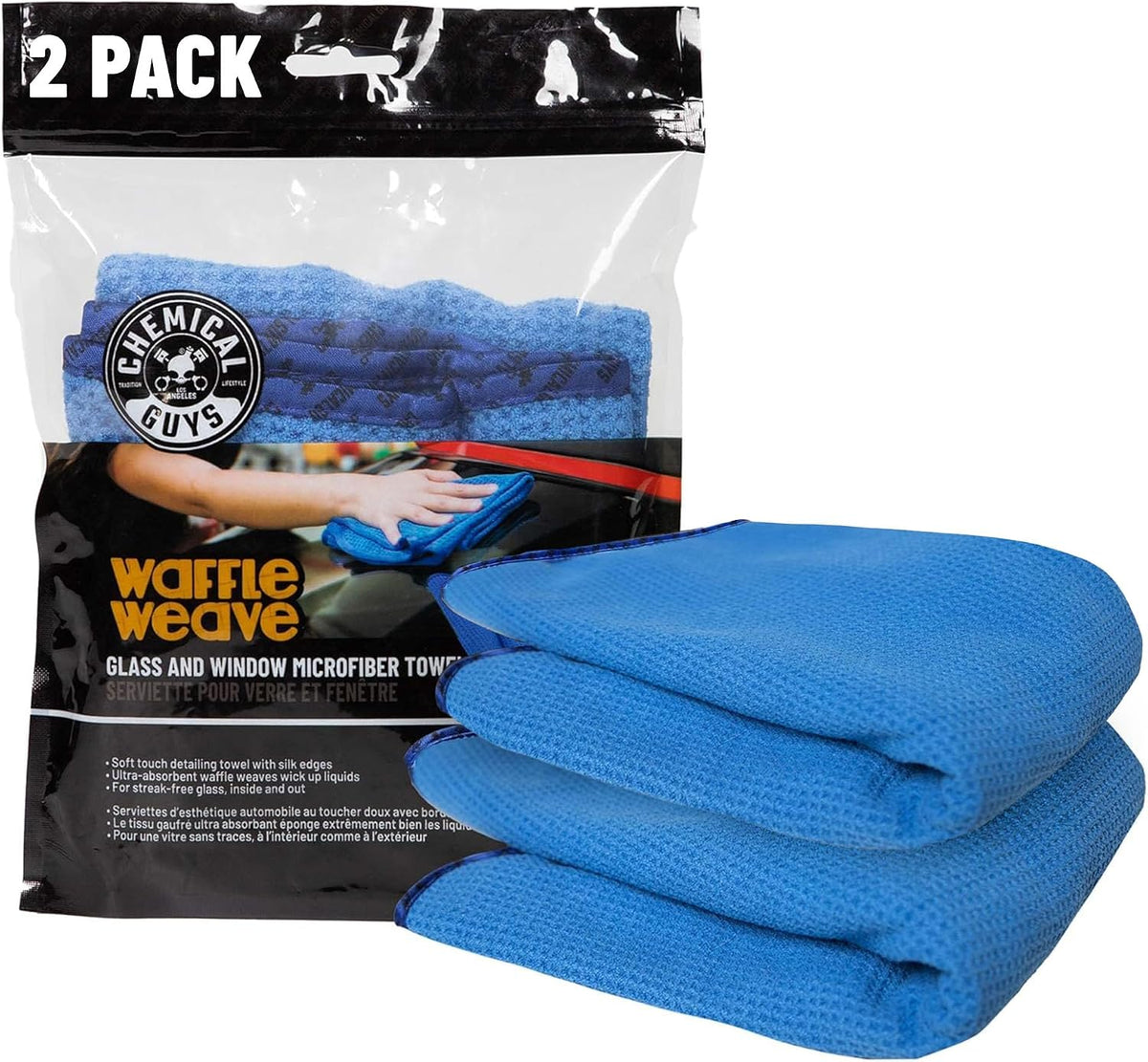 Waffle Weave Glass & Window Microfiber Towel, Blue, 2 Pack