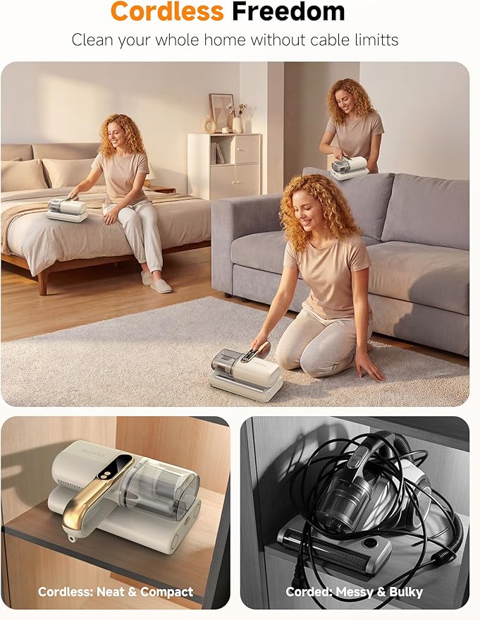FEPPO Cordless Mattress Vacuum Cleaner, 18Kpa Bed Vacuum with 253.7nm UV-C Light, Ultrasonic, Dust Sensor & LED Display, 52800 BPM Handheld Vacuums for Bed, Sofa, Couch, Crib