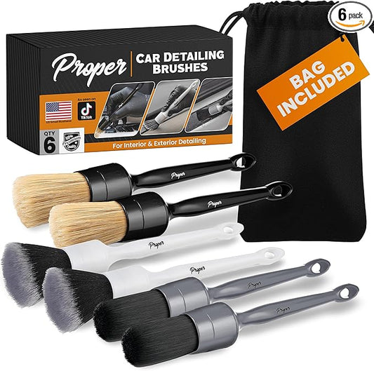 Premium Car Detailing Brush Set - Complete 6 Pack Kit - 2 Boar's Hair, 2 Ultra Soft, 2 Synthetic Bristles - Car Detail Brush for All Surfaces, Leather Seats, Air Vents, Wheels & Emblems, and More