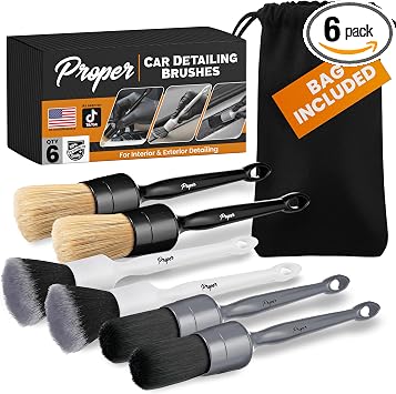 Premium Car Detailing Brush Set - Complete 6 Pack Kit - 2 Boar's Hair, 2 Ultra Soft, 2 Synthetic Bristles - Car Detail B