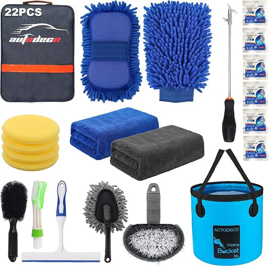 22Pcs Car Wash Cleaning Tools Kit Car Detailing Set with Blue Canvas Bag Collapsible Bucket Wash Mitt Sponge Towels Tire Brush Window Scraper Duster Complete Interior Car Care Kit
