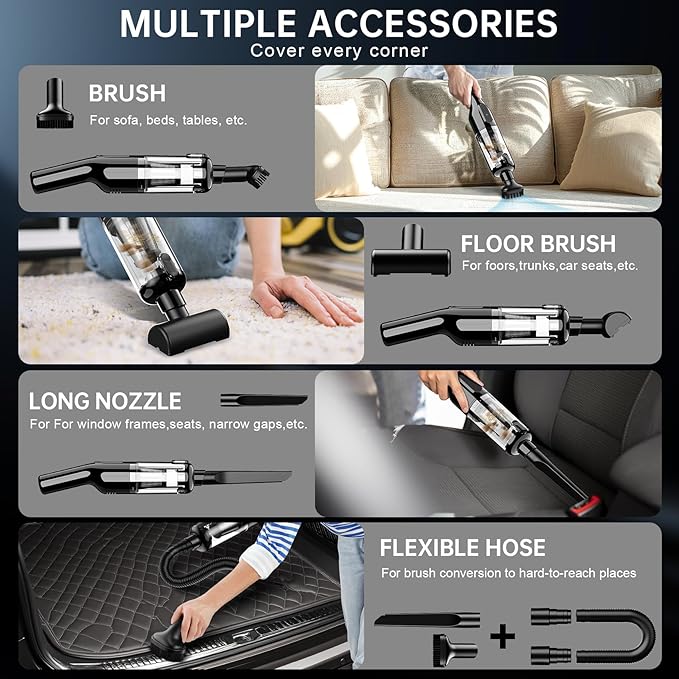 dormzie Handheld Vacuum Cordless, 16000Pa Powerful Suction, Lightweight at 1.3 lbs, Type-C Charge, Multiple Accessories, Rechargeable Car Vacuum Cleaners for Home Office Pet