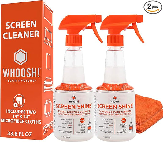 WHOOSH! Pro 16.9 fl oz Refillable TV Screen Cleaner & Microfiber Cloth - Streak-Free Cleaner for Flat Screens, OLED, LCD, Smart TV, Monitors - Non-Toxic, Odorless - Electronics Cleaning Kit, Set of 2