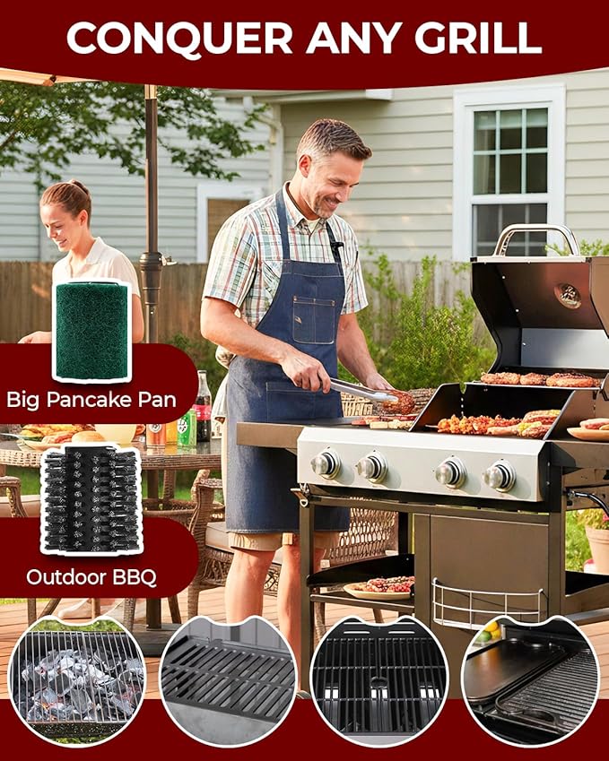 Saker Electric Grill Brush with 450 RPM & LED Light | Tangle-Free Grill Cleaning Brush with Durable Roller | Complete 8-Piece Brush & Scouring Pad Kit | Ideal Grilling Gift for Dad