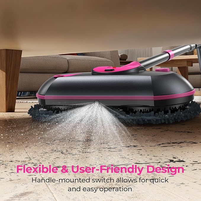 Cordless Electric Mop, Electric Spin Mop with Water Sprayer, Powerful Floor Cleaner, 300ml Tank Self-Propelled for Hardwood & Tile, Adjustable Handle, 2500mAh Long-Lasting Battery, Pink
