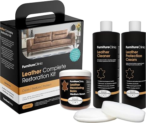Furniture Clinic Leather Complete Restoration Kit | with Leather Recoloring Balm, Cleaner, 2-in-1 Protection Cream & Con