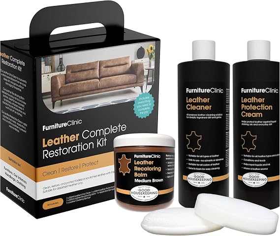 Furniture Clinic Leather Complete Restoration Kit | with Leather Recoloring Balm, Cleaner, 2-in-1 Protection Cream & Con