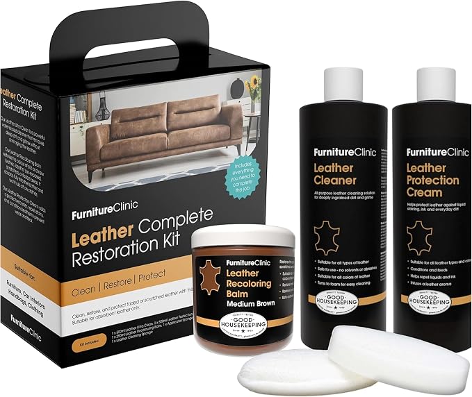 Furniture Clinic Leather Complete Restoration Kit | with Leather Recoloring Balm, Cleaner, 2-in-1 Protection Cream & Con
