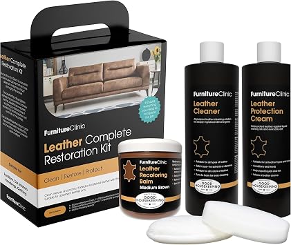 Furniture Clinic Leather Complete Restoration Kit | with Leather Recoloring Balm, Cleaner, 2-in-1 Protection Cream & Con