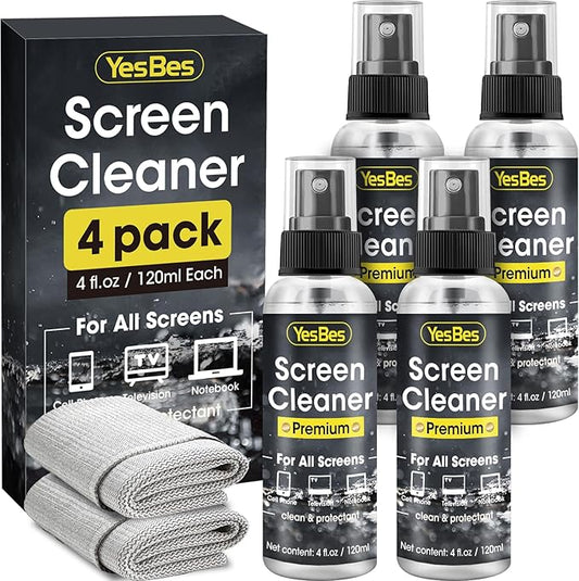 Screen Cleaner Spray 16oz (4oz x 4 Pack) - TV Screen Cleaner Spray and 2 Microfiber Cloths, Computer Screen Cleaner & Car Screen Cleaner for TV, Monitor, Laptop, MacBook, iPad