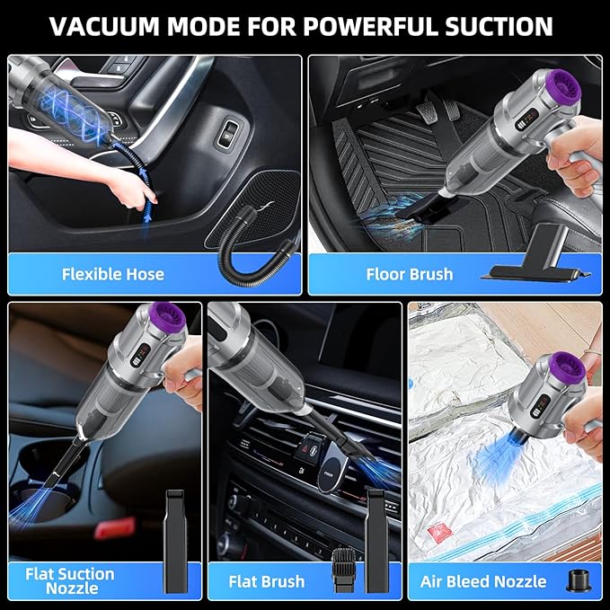 Cordless Vacuum Cleaner - 22000PA Handheld Car Vacuum, 4-in-1 Portable Mini Air Duster Rechargeable, 3-Speed Small Powerful Gadgets & Gifts, for Home, Office, Mattress, Carpet, Pet (Silver)