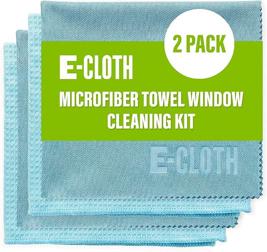 E-Cloth Microfiber Window Cleaning Cloth Kit - Glass Cleaning Cloth for Windows, Mirrors, Cars, Lenses, Eyeglasses, & More, Streak Free Clean, Machine Washable Reusable Towel - Alaskan Blue (2 Kits)