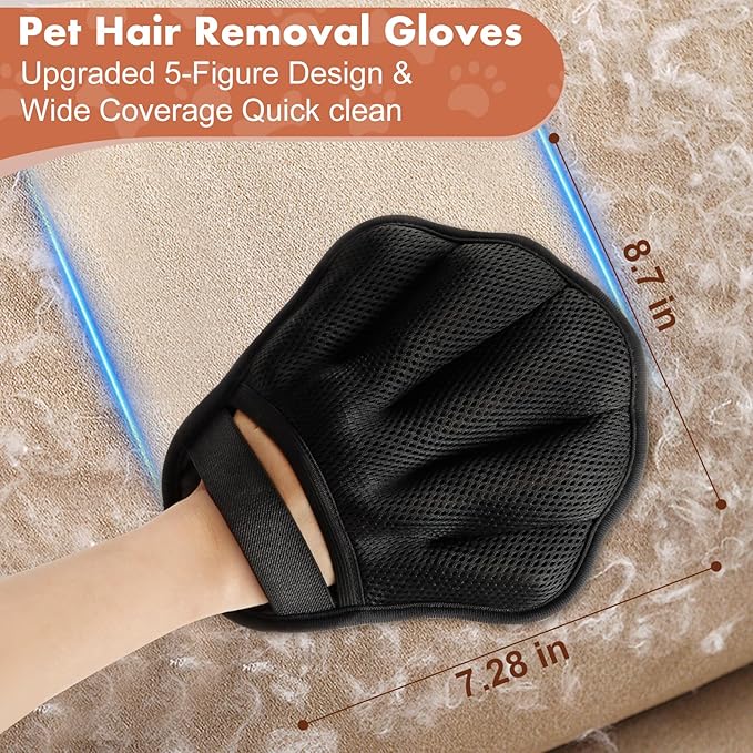 Pet Hair Removal Glove, Electrostatic Pet Hair Remover Glove for Cats & Dogs, Pet Hair Remover Tool for Laundry, Couch, Carpet, Car Seat - Upgraded Five-Finger, Reusable, Black+Black