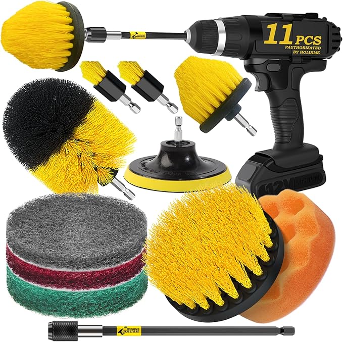 Holikme 11 Piece Drill Brush Attachment Set Scouring Pads Power Scrubber Brush Scrub Pads for Bathroom Surfaces, Floor, Tub, Shower, Grout, Tile, Corners,Cleaning Brush