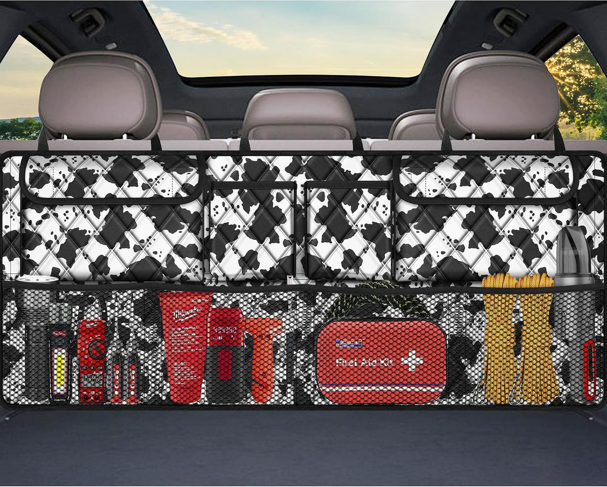 Car Trunk Organizer,Large Capacity Backseat Trunk Organizer(42"*18"),Collapsible Car Storage Bag with 8 Pocekt,SUV/MPV/Truck - Cow print