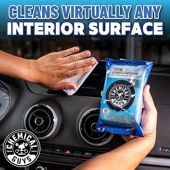 Chemical Guys Total Interior Cleaner & Protectant Wipes – 50 Pack Multi Surface Car Interior Cleaning Wipes for Dashboards, Doors and Seats – Safe for Trucks, SUVs, RVs and Home Use