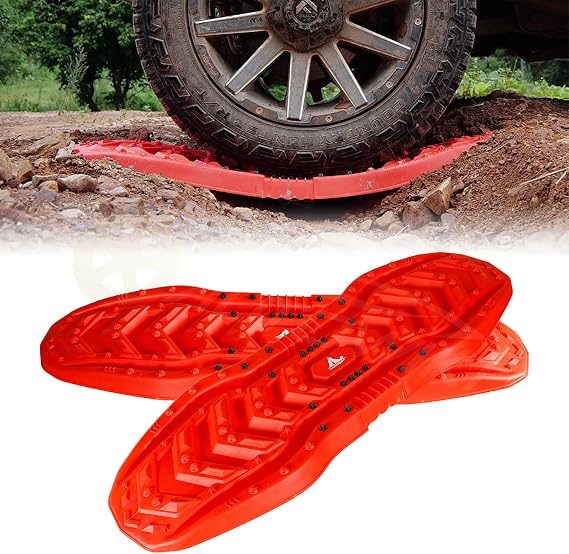 Red Recovery Boards Tire Traction Mats With Storage Bag, Assist Off-Road Trapped Vehicles To Escape Desert, Snow And Cli