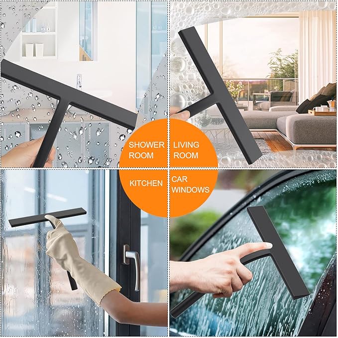 All -Purpose Silicone Shower Squeegee for Shower Glass Door with Hook, Bathroom Accessories for Window Mirror Tile Car Shower Walls,Household Shower Cleaner Tool (Black, 9 inch(2hooks)