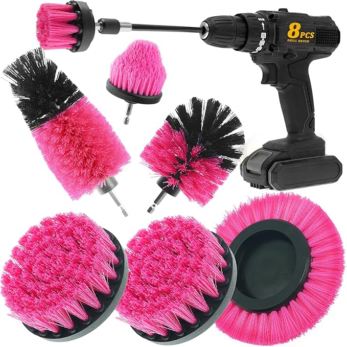 8 Pcs Drill Brush Attachment Set, Power Cleaning Scrub Brush Kit with Extend Long Attachment, All Purpose Drill Scrub Brushes for Car, Grout, Floor, Tub, Bathroom and Kitchen (Pink)