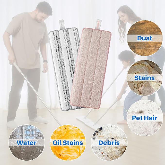 JOYMOOP Microfiber Replacement Pads for 13" Flat Mop System, Reusable Mop Refills, 4-Pack, Stripe and Pink