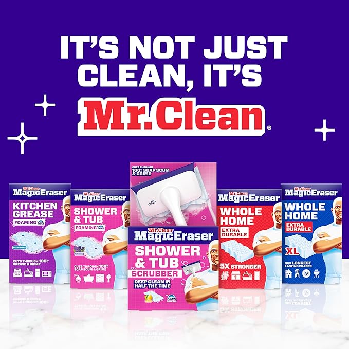 Mr. Clean Magic Eraser Sponge, Bathroom, Shower, Tub Cleaner, Soap Scum Remover, Bathroom Cleaning Supplies, Dawn Cleaning Power with Lemon Scent, Shower & Tub, 6ct