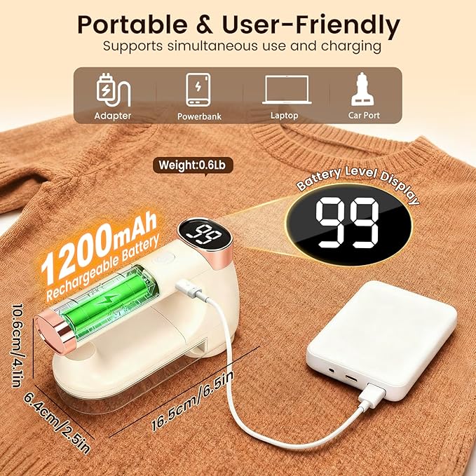Fabric Shaver, Lint Shaver with Lint Brush, 3-Speed Sweater Shaver to Remove Pilling for Clothing, 6 Leaf Blade, LED Display, Electric Lint Remover for Furniture, Blanket, Couch (Beige)