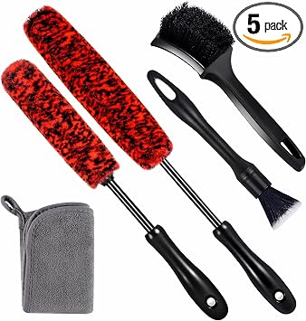 SIMPOR 5 Pcs Wheel & Tire Brush Kit with Cleaning Towel, 2 Long Handle Soft Microfiber Wheel Cleaning Brushes, Stiff Tir