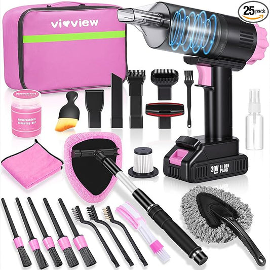 25pcs Car Cleaning Kit, Pink Interior Detailing Kit with High Power Vacuum Portable Cordless, Handheld Vacuum Cleaner for Home, Car, Pet Hair, Keyboard, Complete Auto Accessories for Gift