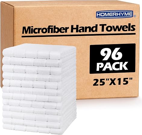 Hand Towels, 96 Pack 25''*15'' White Microfiber Kitchen Bathroom Hand Towels, All-Purpose Quick Dry Lint Free Soft Absor