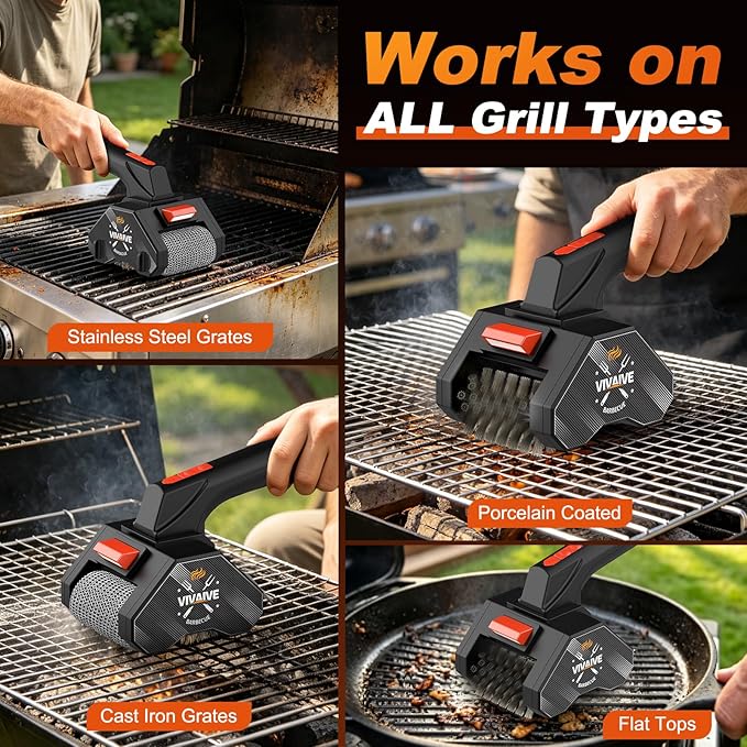 Dual-Head Electric Grill Cleaning Brush, Chain Roller and Wire Brush, Cordless and Rechargeable, BBQ Cleaner, 304 Stainless Steel No Bristle Shedding Cordless