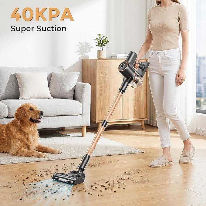 Cordless Vacuum Cleaner, Stick Vacuum with LED Display, Real-Time Battery Level Rechargeable Cordless Vacuum with 2 Adjustable Suction Modes, 40 Mins Runtime Handheld Vacuum for Home（Rose Gold）