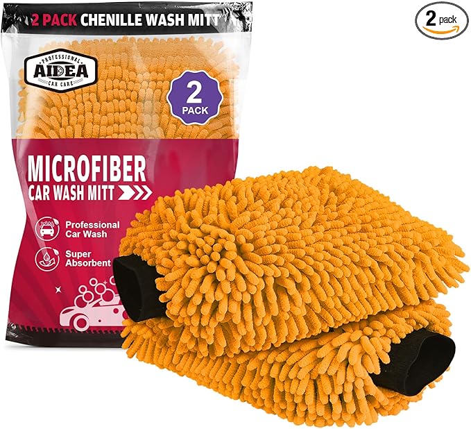 AIDEA Car Wash Mitt Microfiber, 2PK Scratch Free Lint-Free, Premium Chenille Microfiber Mitt Car Wash Brush, Orange, Extra Large Size 8''X12''
