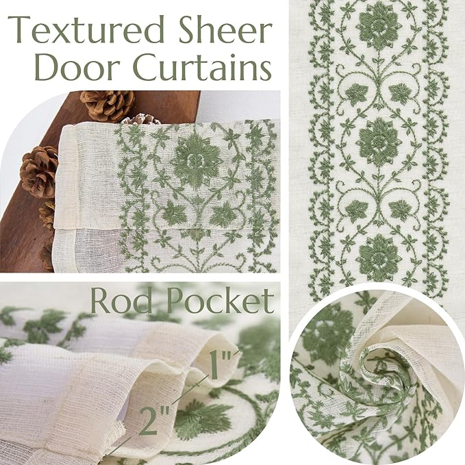 jinchan French Sheer Volie Door Curtain Embroidered Christmas Decor Farmhouse Linen Curtain for Patio Door with Tie up Bows for Door Window Closet Light Filtering 40 Inches 1 Panel Green on Beige