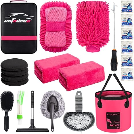 22Pcs Car Wash Cleaning Tools Kit Car Detailing Set with Canvas Bag Pink Collapsible Bucket Wash Mitt Sponge Towels Tire