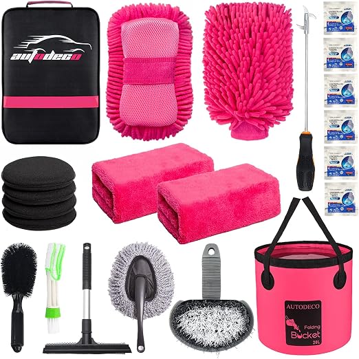 22Pcs Car Wash Cleaning Tools Kit Car Detailing Set with Canvas Bag Pink Collapsible Bucket Wash Mitt Sponge Towels Tire